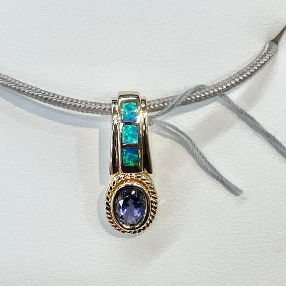 Tanzanite And Inlaid Opal Gold Pendant Chain Not Included - Picture 2 of 5